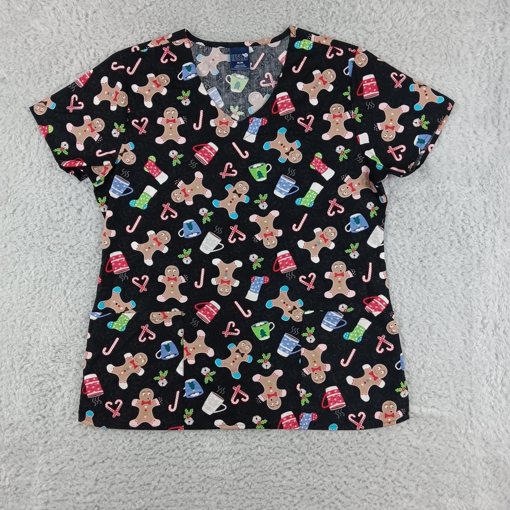 Zoe + Chloe Christmas‎ Scrub Top Womens Medium Black Gingerbread Holiday Z12202